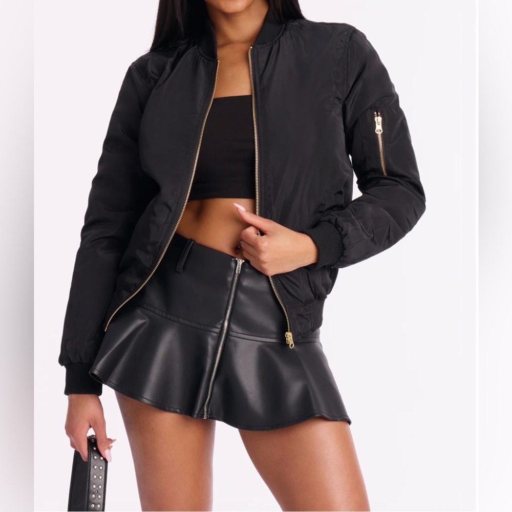 New Look Chic and Stylish Black Bomber Jacket with Gold Accents